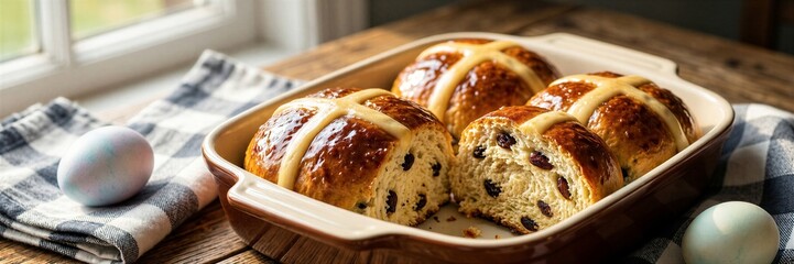 Freshly baked hot cross buns with raisins in baking dish on rustic wooden table by window