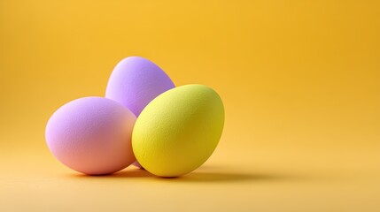 Colorful pastel eggs in shades of purple and yellow are arranged artistically on a vibrant yellow background, symbolizing spring and festive celebrations with copy space