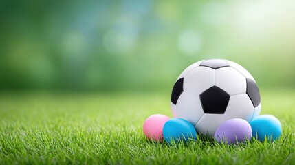 Soccer ball resting on vibrant green grass surrounded by colorful pastel eggs, creating a playful and festive atmosphere for spring celebrations and outdoor activities