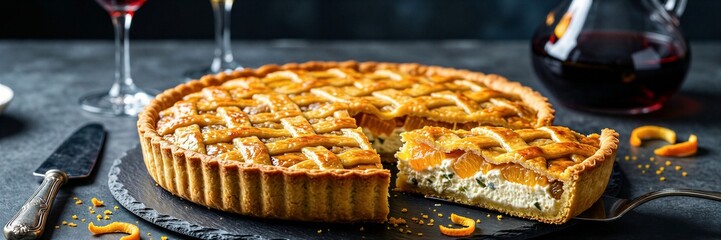 Delicious mandarin orange tart with lattice crust and wine pairing
