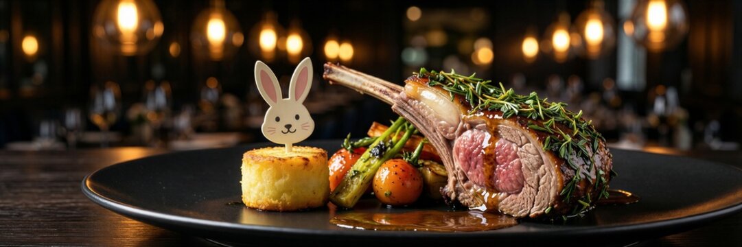 Gourmet lamb chop with vegetables and sauce in elegant restaurant setting