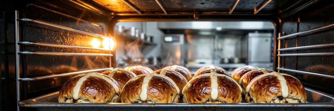 Freshly baked hot cross buns in commercial kitchen oven