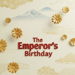 Golden flowers and mount fuji backdrop with text the emperor s birthday
