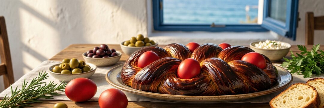 Traditional greek easter bread with red eggs and olives by sea view window