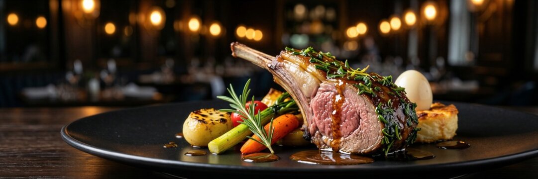 Gourmet rack of lamb with rosemary, grilled vegetables, and potatoes in fine dining setting