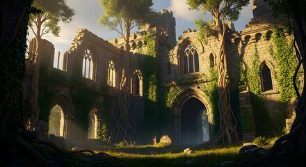 Ancient forgotten stone castle ruins overtaken by vibrant green ivy and large tree roots bathed in bright sunlight suggest mystery.