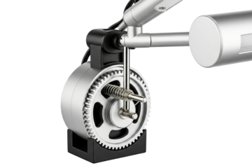 Silver metal mechanical arm joint with gear and spring mechanism isolated with transparent background