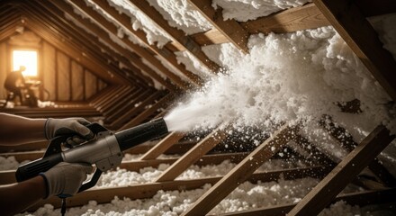 Attic rafters partially covered with fluffy blownin insulation showing stepbystep DIY installation with a handheld blower device.