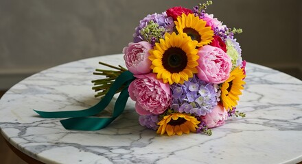 明るい陽光が降り注ぐ大理石のテーブルに華やかに飾られた特別な花束 鮮やかなひまわりと繊細なピンクのシャクヤクそして優しい紫陽花が色彩豊かに咲き誇り見る人の心を明るく照らす. AI Generated