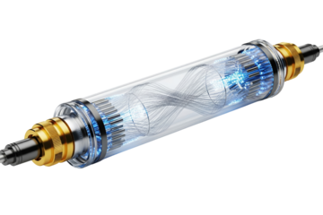 High-speed fiber optic cable structure with glowing blue lights isolated with transparent background