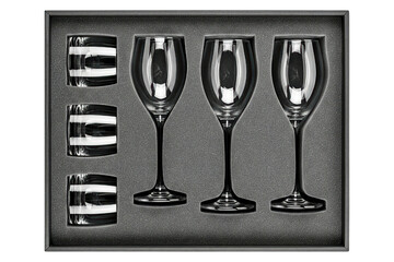 Set of crystal wine glasses packed in protective foam box isolated with transparent background
