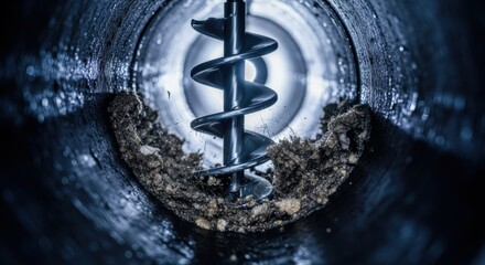 Closeup of rotating auger coil inside narrow pipe filmed from inside drain highlighting effective penetration of dense clog material.