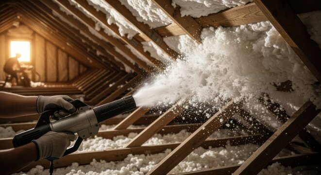 Attic rafters partially covered with fluffy blownin insulation showing stepbystep DIY installation with a handheld blower device.