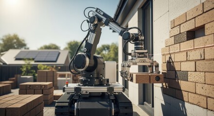 Automated bricklaying robot working outdoors on a sunny day showcasing innovation in sustainable building techniques.