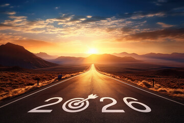 2026 letter with goal icon on country highways road with mountain over beautiful sun rising sky, Business happy new year 2026 success concept