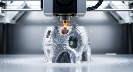 Close up of an industrial metal additive manufacturing process creating a complex three dimensional part using laser technology