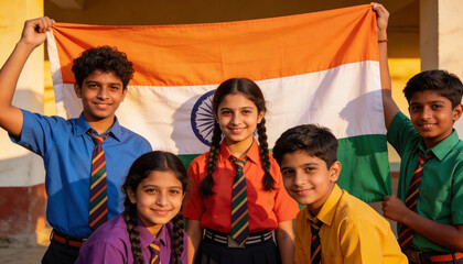 Young Indian Students Holding National Flag Celebrating Unity