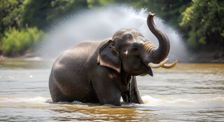 Majestic Asian elephant taking a refreshing shower by spraying water high into the air with its trunk while standing in a river