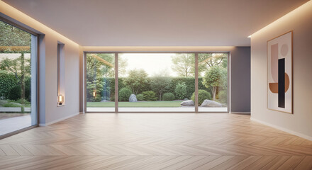 Obraz premium Modern minimalist empty living room with large windows and garden view