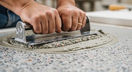 Closeup on metal float tool used by craftsman to compress and even out terrazzo slurry layer during initial countertop casting stage.