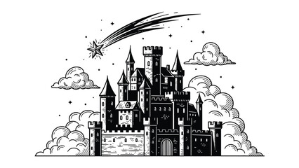 A fairytale castle illustration with a shooting star and fluffy clouds © Nasima