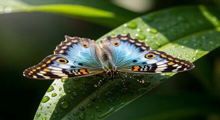 Vibrant blue butterfly with striking orange eyespots rests delicately upon a lush green leaf covered in morning dew drops