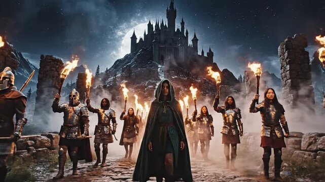 Foreboding cloaked figure leads armored guards before torchlit fortress beneath starry night sky.!!!