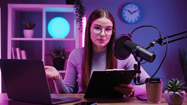 Female podcaster recording a podcast in a home studio, speaking into a microphone while using a laptop and notes, representing content creation, online media, and modern broadcasting.