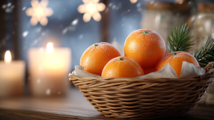 Wicker basket with fresh tangerines on wooden table, candles and festive lights in the background creating cozy Christmas atmosphere.
