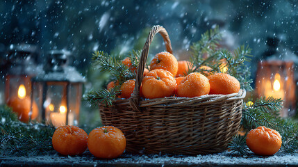 Basket with fresh tangerines on a rustic table, glowing lanterns create a cozy autumn or winter evening atmosphere outdoors.
