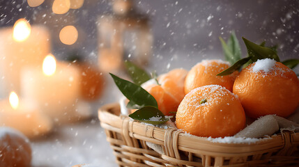 Fresh tangerines with green leaves in a wicker basket, warm bokeh lights on background. Cozy winter or holiday still life, rustic style.

