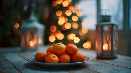 Plate of fresh tangerines on a wooden table with festive lanterns and Christmas tree lights in the background, creating a cozy holiday atmosphere.
