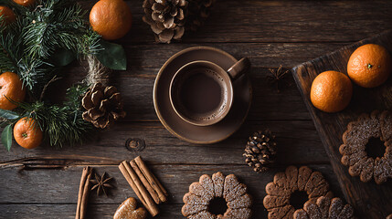 Top view of Christmas gingerbread cookies, oranges, pine branches, cinnamon sticks, and hot chocolate on a wooden table. Cozy winter holiday atmosphere.
