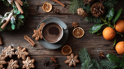 A cup of hot coffee on a rustic wooden table surrounded by star anise, cinnamon sticks, mandarin oranges, pinecones, and winter greenery, creating a cozy holiday atmosphere.
