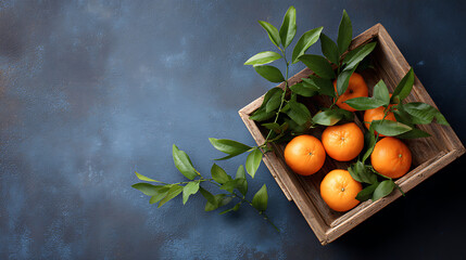 Fresh tangerines with green leaves in a wooden box on dark blue background, top view. Citrus fruit decoration, healthy organic food concept.
