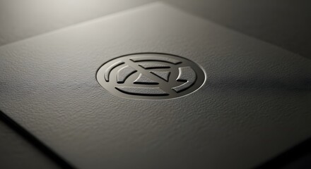 Close up view of a debossed circular abstract symbol intricately pressed into a luxurious dark textured material surface