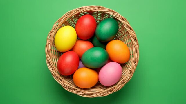 Colorful Easter Eggs in Wicker Basket on Green Background.