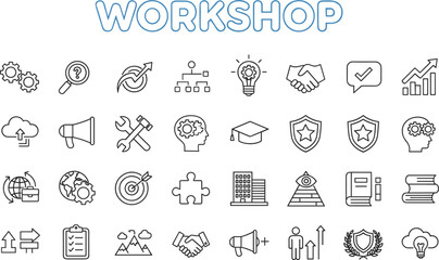 Workshop Icons Set Gears Question Mark Lightbulb Handshake and Building collection
