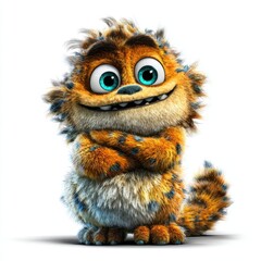 A playful monster giggles while hiding behind its fluffy tail, radiating mischief against a clean white background.