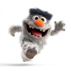 A cheerful monster with a goofy smile joyfully dances against a clean white backdrop, radiating happiness and fun.