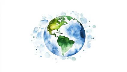 A watercolor representation of Earth, showcasing green continents and blue oceans, surrounded by splashes of color.