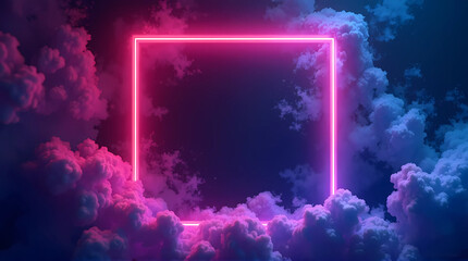 Glowing neon square frame in vibrant pink, surrounded by drifting white smoke, futuristic and dreamy aesthetic