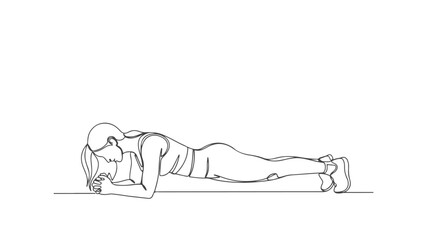 One continuous line art vector illustration of a woman doing a plank exercise, isolated on white, healthy lifestyle