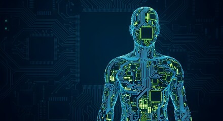 Abstract digital representation of a human silhouette composed of glowing electronic circuit board pathways and components against a dark background symbolizing technology.