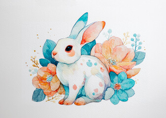 Watercolour painting of rabbit with orange and blue flowers over white background, Illustration animal poster