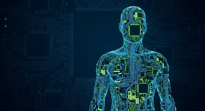 Abstract digital representation of a human silhouette composed of glowing electronic circuit board pathways and components against a dark background symbolizing technology. - Powered by Adobe
