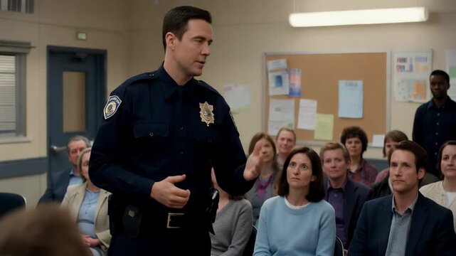 Officer speaks to community group about safety and local concerns during a meeting in a school classroom