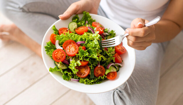 Mujer sentada en el suelo comiendo ensalada fresca con tomate y lechuga, concepto de alimentaci&oacute;n saludable, dieta equilibrada, h&aacute;bitos de vida sana y control de peso