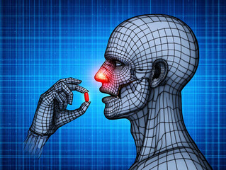 Nasal polyps Wireframe human head receiving red pill against blue grid background