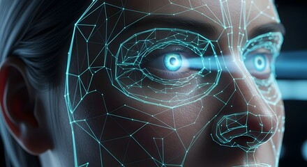 Extreme close-up of a human face undergoing biometric facial recognition scanning with glowing digital data points and intense eye illumination